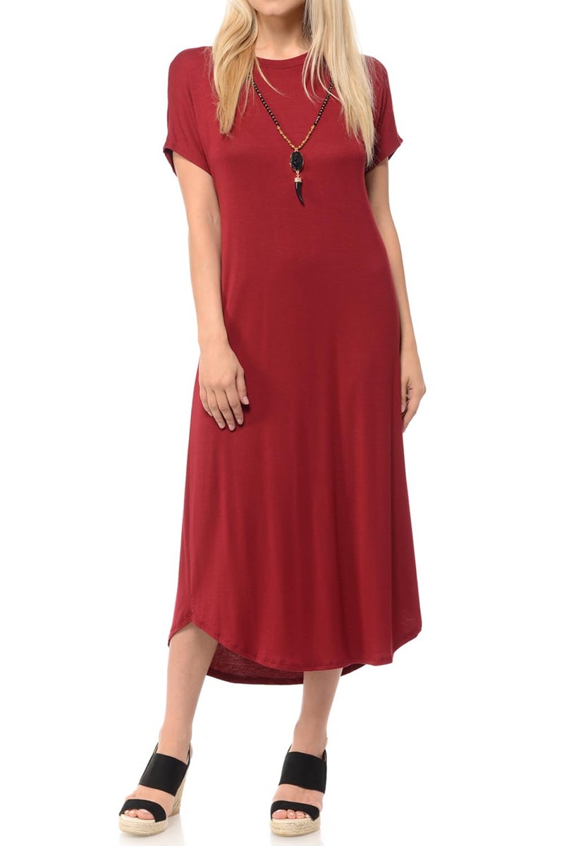 iconic luxe Women's Casual Loose-Fit Midi T-Shirt Dress â€“ Short Sleeve, Soft Stretchy Fabric, Lightweight Medium Burgundy - Image 1